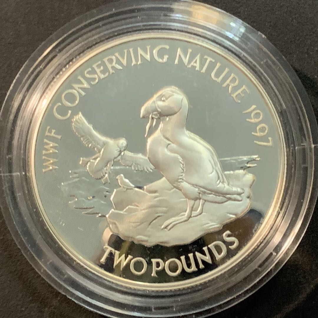 紫瑗钱币—微拍第85期  奥尔德尼 1997年 世界野生动物基金会WWF 海雀 2磅 28.28克 0.925银 精制 带证书