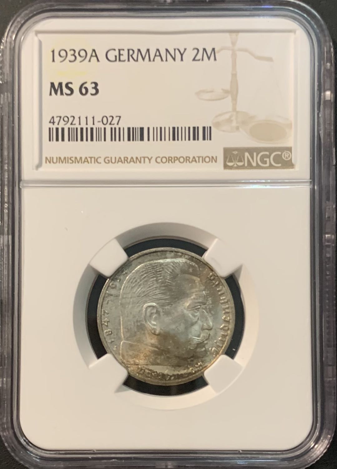 紫瑗钱币—微拍第85期  德国 1939年 A版 兴登堡 2马克 8克 0.625银 NGC MS63