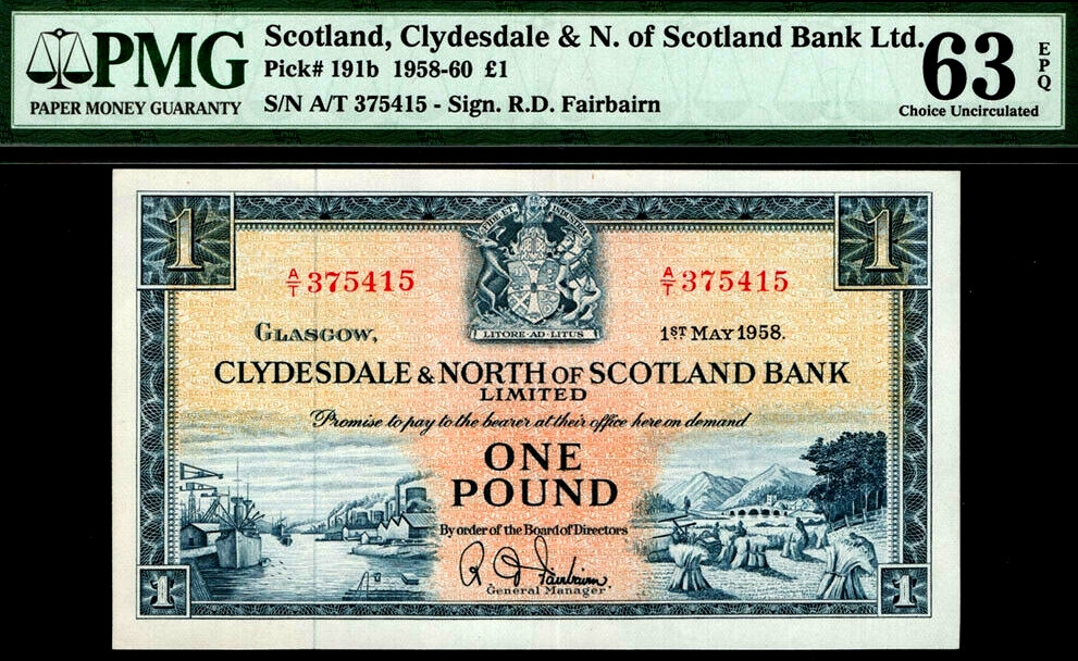 【收藏联盟】第153期拍卖——圣书之美（共55拍） 【首发年份】苏格兰 克莱斯戴尔银行 1958年1镑 PMG63EPQ  UNC原票  雕刻非常漂亮
