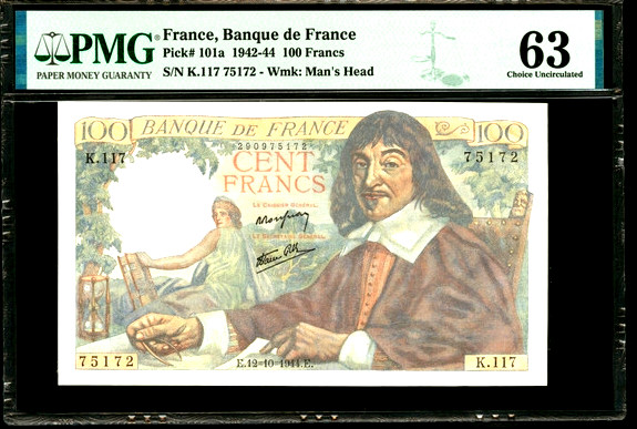 【收藏联盟】第153期拍卖——圣书之美（共55拍） 法国 1942-44年100法郎 PMG63 unc品相 p101a