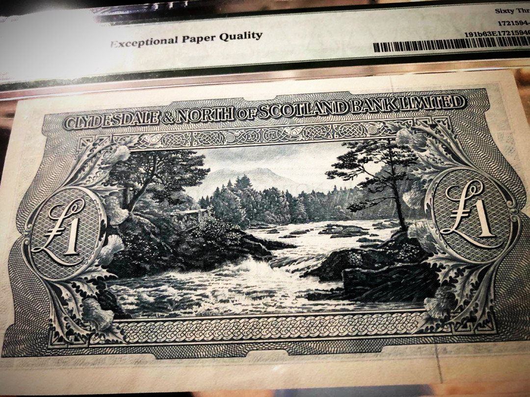 【收藏联盟】第153期拍卖——圣书之美（共55拍） 【首发年份】苏格兰 克莱斯戴尔银行 1958年1镑 PMG63EPQ  UNC原票  雕刻非常漂亮