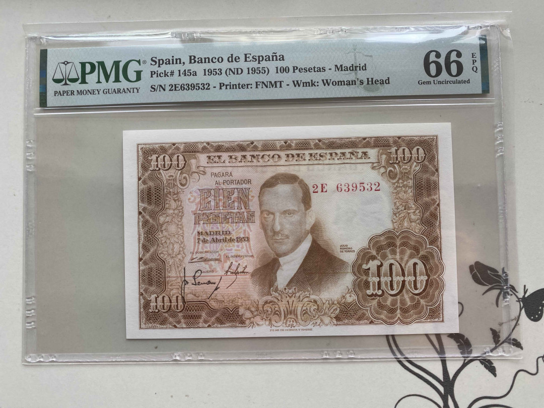【收藏联盟】第153期拍卖——圣书之美（共55拍） 西班牙 1953年 100比塞塔 PMG66EPQ 抱瓶女 