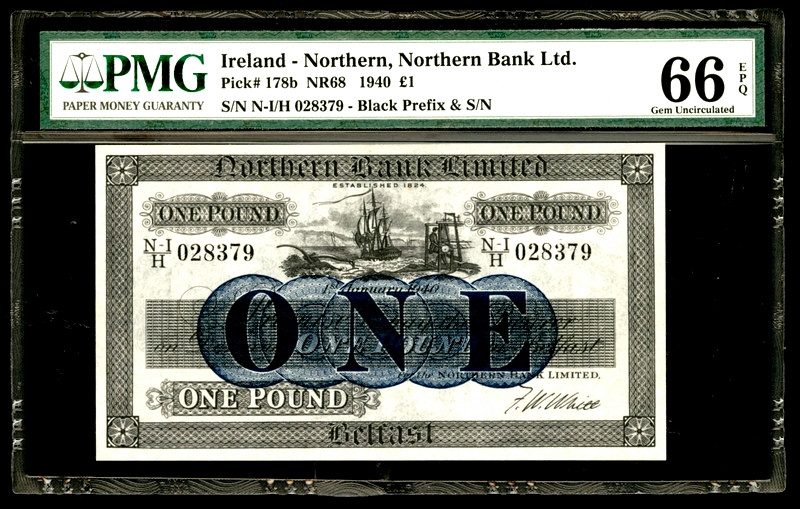 【收藏联盟】第153期拍卖——圣书之美（共55拍） 北爱尔兰 1940年1镑 p178b  PMG66EPQ 早期版本 精美