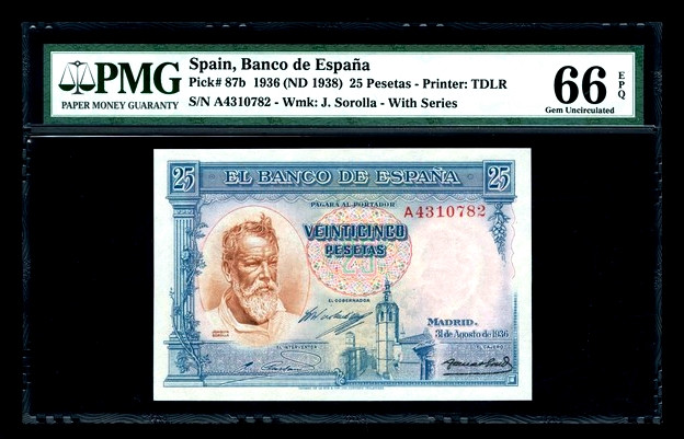 【收藏联盟】第153期拍卖——圣书之美（共55拍） 西班牙 1936年25比塞塔经典小华金 PMG66EPQ 名画精美