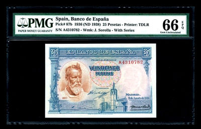 【收藏联盟】第153期拍卖——圣书之美（共55拍） - 西班牙 1936年25比塞塔经典小华金 PMG66EPQ 名画精美