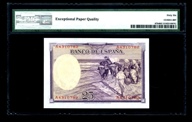 【收藏联盟】第153期拍卖——圣书之美（共55拍） 西班牙 1936年25比塞塔经典小华金 PMG66EPQ 名画精美
