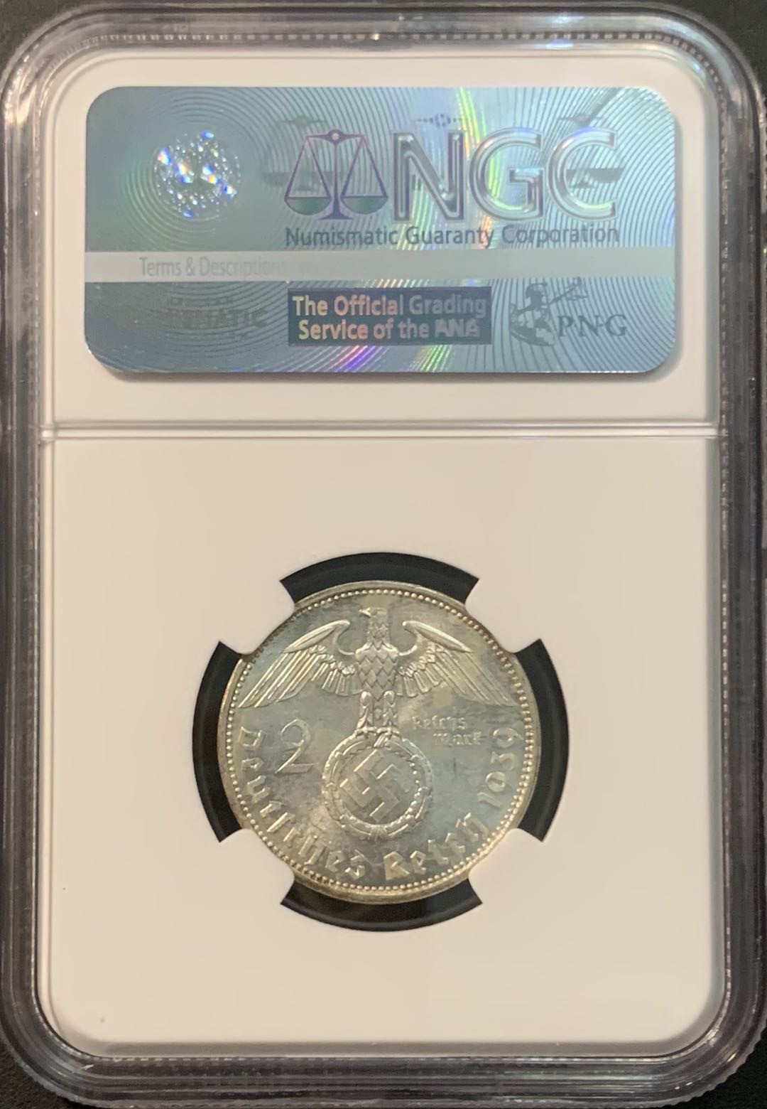 紫瑗钱币—微拍第85期  德国 1939年 A版 兴登堡 2马克 8克 0.625银 NGC MS63