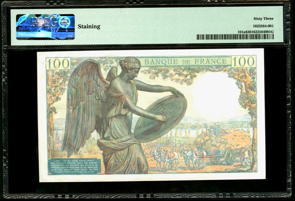【收藏联盟】第153期拍卖——圣书之美（共55拍） 法国 1942-44年100法郎 PMG63 unc品相 p101a