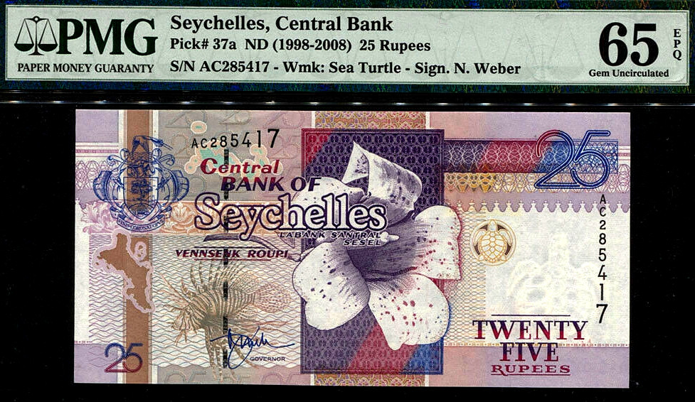 【收藏联盟】第153期拍卖——圣书之美（共55拍） 塞舌尔 1998-2008年25卢比 p37a PMG65EPQ 花鸟非常漂亮 