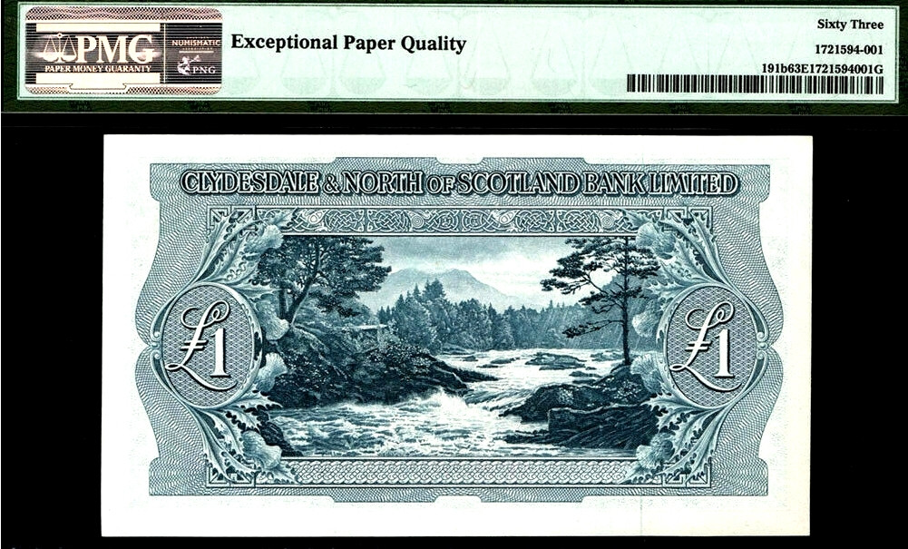 【收藏联盟】第153期拍卖——圣书之美（共55拍） 【首发年份】苏格兰 克莱斯戴尔银行 1958年1镑 PMG63EPQ  UNC原票  雕刻非常漂亮
