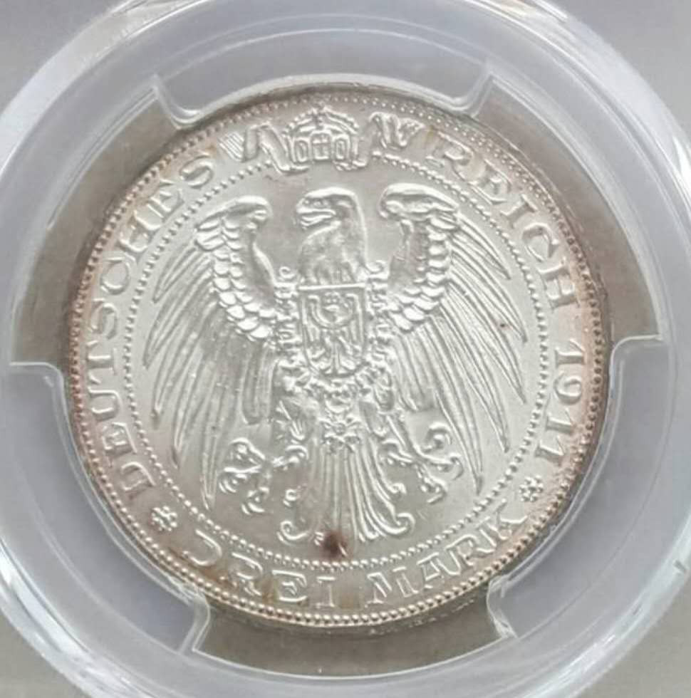 【随心拍&Getcoins】现代钱币拍卖第五十八期 PCGS58德国1911年布雷斯劳大学3马克银币