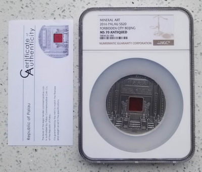【随心拍&Getcoins】现代钱币拍卖第五十八期 NGC70-帕劳2016年紫禁城五盎司仿古镶嵌大银币