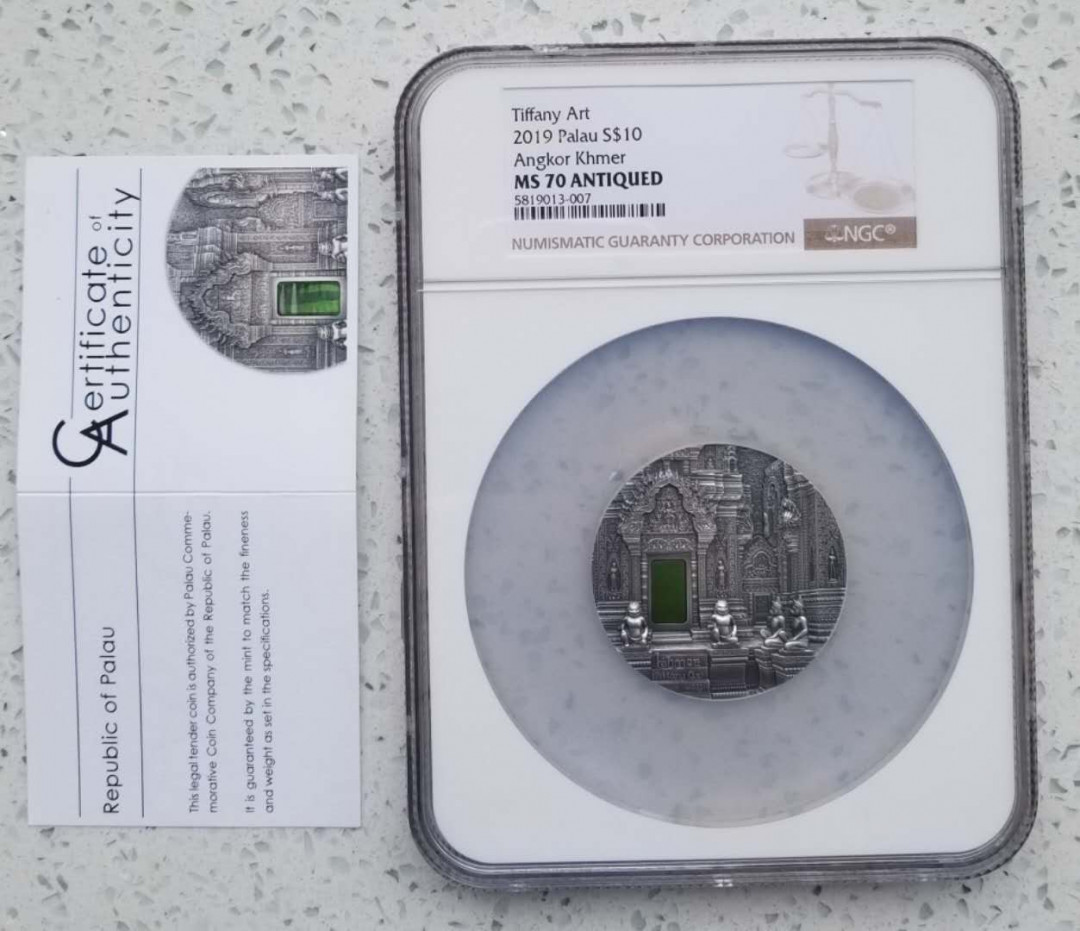 【随心拍&Getcoins】现代钱币拍卖第五十八期 NGC70帕劳2019年蒂凡尼艺术吴哥窟2盎司镶嵌仿古银币带证书