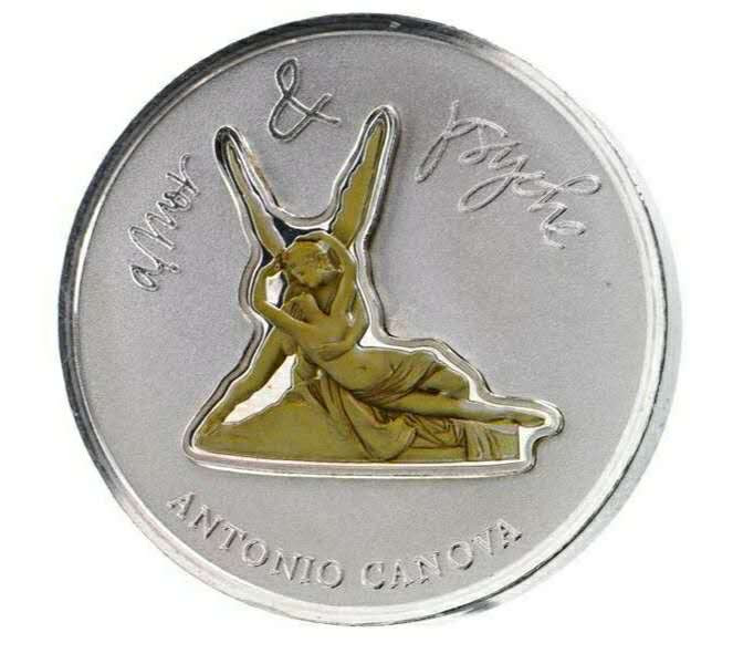 【币观天下】第114期钱币拍卖 纽埃2012年2元，1盎司龙头币，可分离装卸币中币套装、磨砂、异形(雕塑形)、亮光彩色，众神雕塑系列(1)---大师安东尼奥.卡诺瓦超级名雕“爱神丘比特吻醒赛姬(爱神丘比特之吻)”精制艺术银币2枚币中币全套