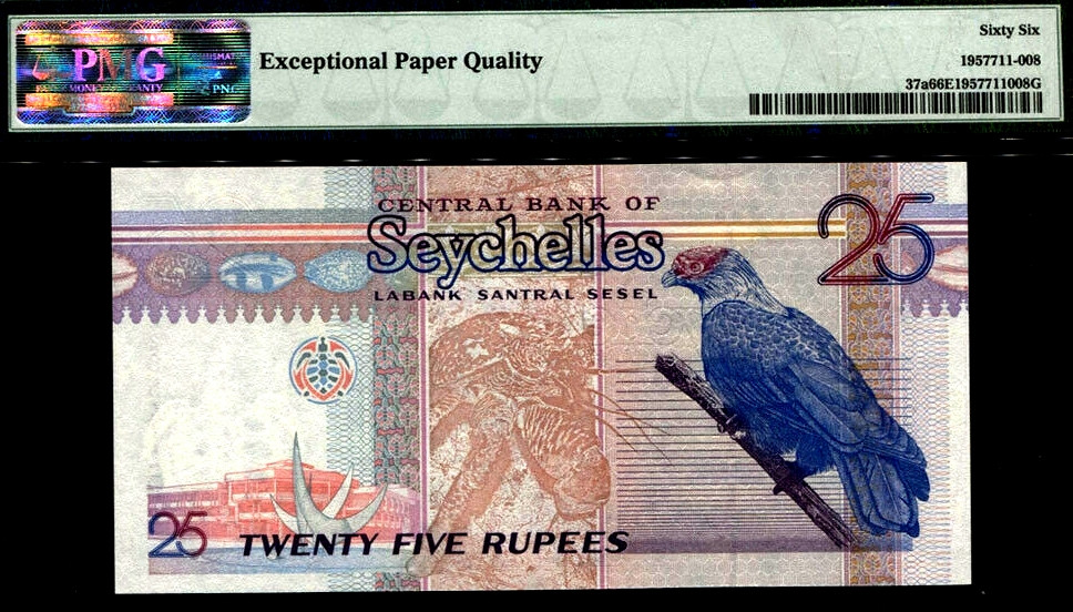 【收藏联盟】第154期拍卖——大津巴布韦遗址（共50拍） 塞舌尔 1998-2008年25卢比 p37a PMG66EPQ 花鸟非常漂亮