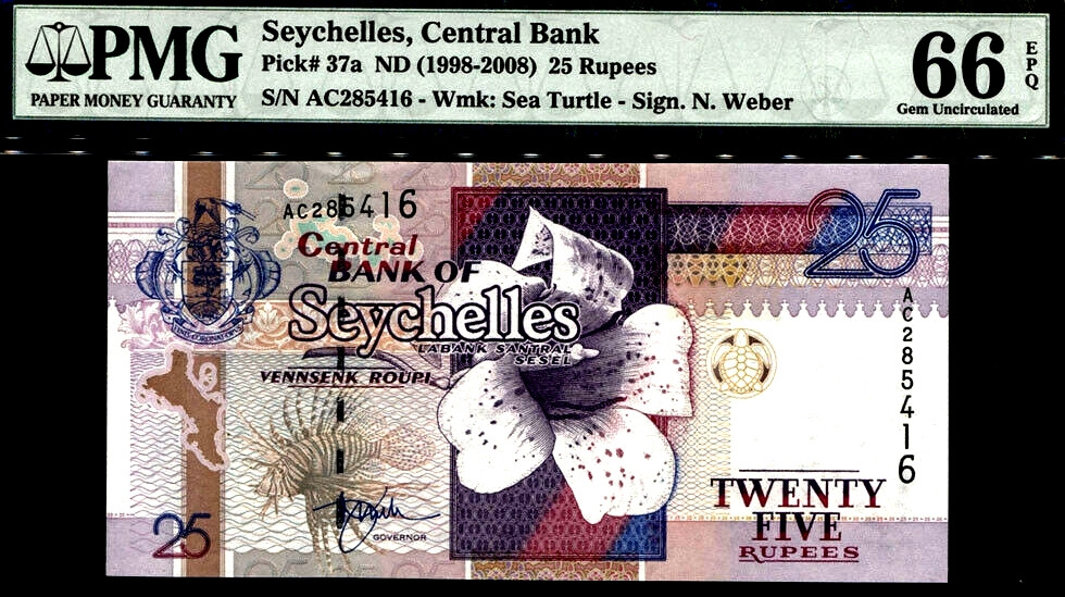 【收藏联盟】第154期拍卖——大津巴布韦遗址（共50拍） 塞舌尔 1998-2008年25卢比 p37a PMG66EPQ 花鸟非常漂亮