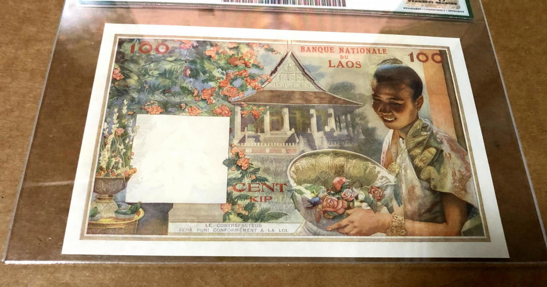 【收藏联盟】第154期拍卖——大津巴布韦遗址（共50拍） 老挝 1957年100基普 LCG67EPQ 高分 超大票幅 猪哥 法属风经典 非常漂亮 p6a 