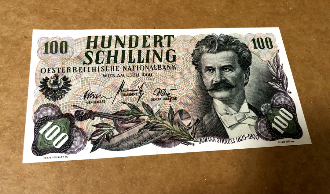 【收藏联盟】第154期拍卖——大津巴布韦遗址（共50拍） 奥地利 1960年100先令 音乐家 约翰-斯特劳斯 油墨很立体 人物雕刻精美 UNC