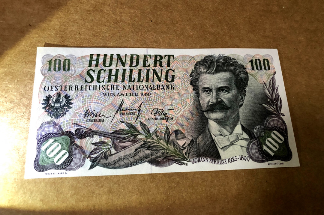 【收藏联盟】第154期拍卖——大津巴布韦遗址（共50拍） 奥地利 1960年100先令 音乐家 约翰-斯特劳斯 油墨很立体 人物雕刻精美 UNC