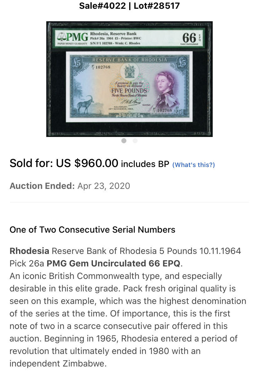【收藏联盟】第154期拍卖——大津巴布韦遗址（共50拍） 罗德西亚 1964年 5镑无47 PMG66EPQ  p26a 戎装女王 大津巴布韦遗址 BWC出品