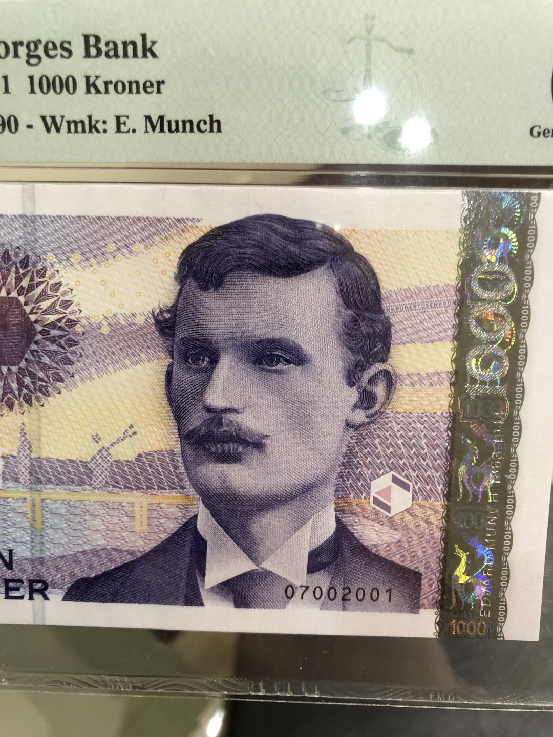 《外钞收藏家》第八十一期拍卖 挪威1000克朗 蒙克 20001年初版 pmg66