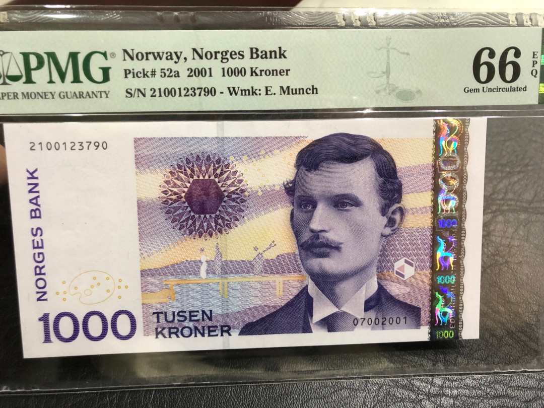 《外钞收藏家》第八十一期拍卖 挪威1000克朗 蒙克 20001年初版 pmg66
