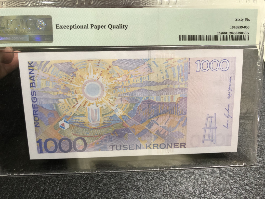 《外钞收藏家》第八十一期拍卖 挪威1000克朗 蒙克 20001年初版 pmg66