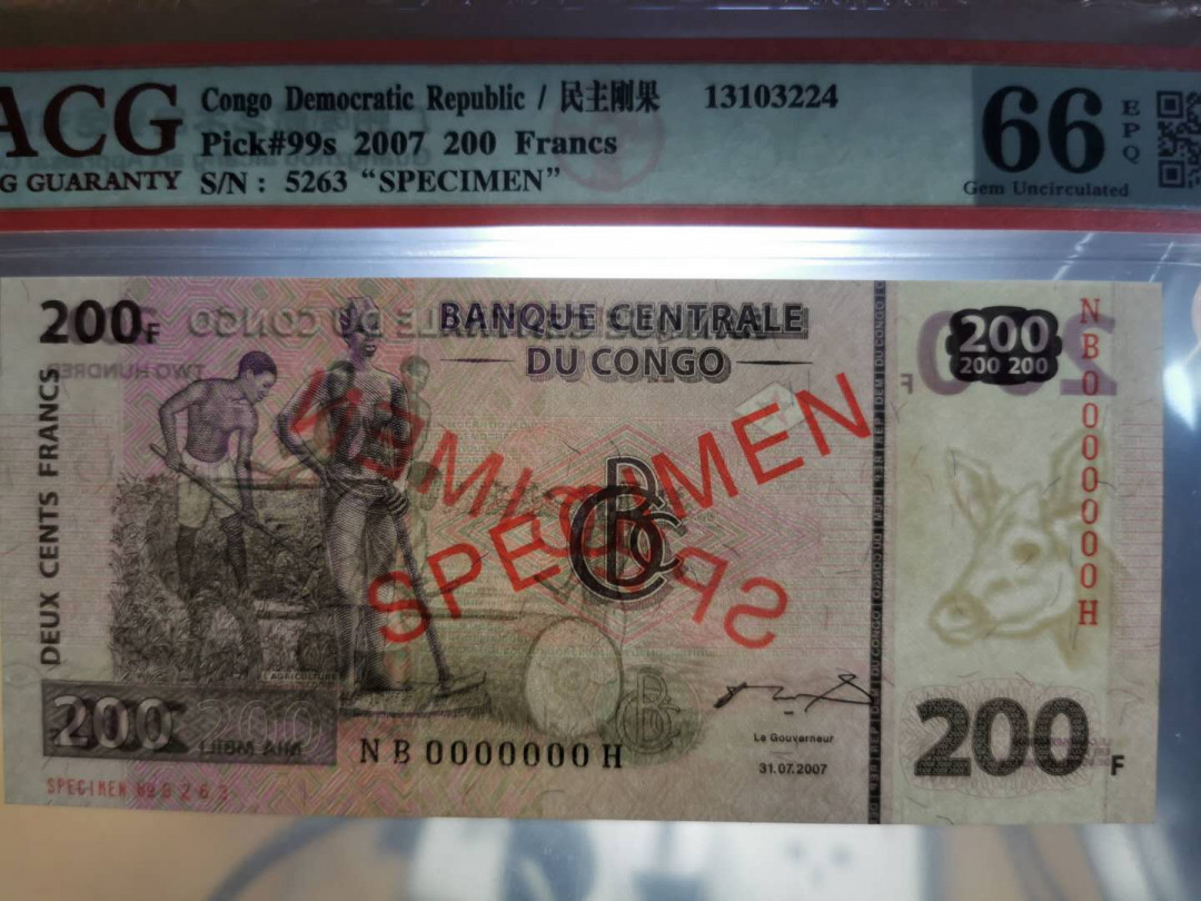 【鲸贝乐淘】千字文·第“存以甘棠，去而益咏”号拍卖 【民主刚果】20007年200元，全零票样样币，爱藏66e