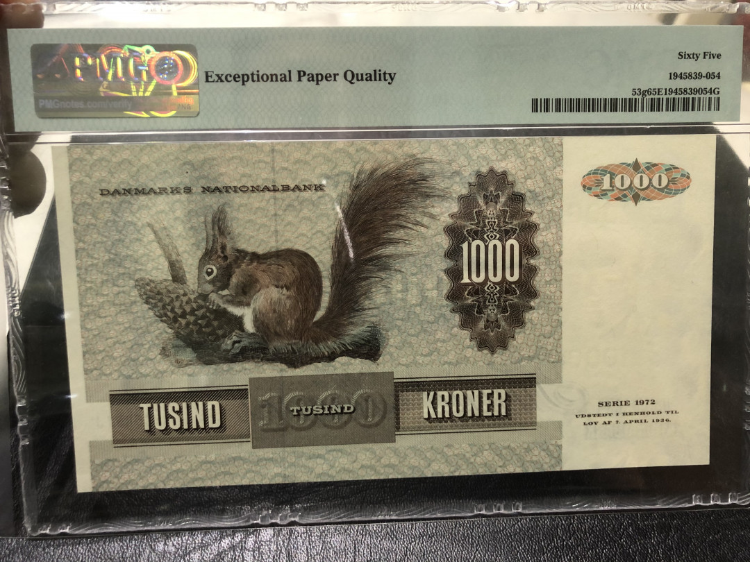 《外钞收藏家》第八十一期拍卖 丹麦1000大松鼠 绝品评级 pmg65 全新壳子