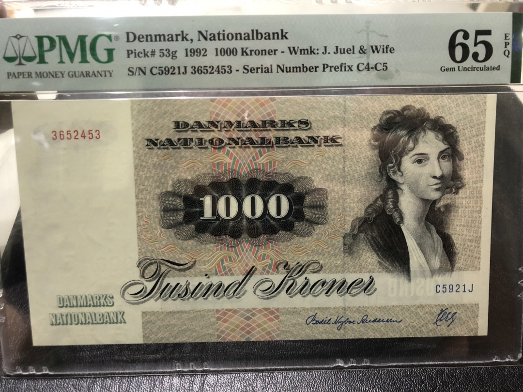 《外钞收藏家》第八十一期拍卖 丹麦1000大松鼠 绝品评级 pmg65 全新壳子