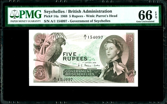 【收藏联盟】第155期拍卖——日本的释迦摩尼（共45拍） 塞舌尔 1968年 5卢比 p14a PMG66EPQ  A1首发冠  经典戎装女王  大鹦鹉