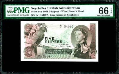 【收藏联盟】第155期拍卖——日本的释迦摩尼（共45拍） - 塞舌尔 1968年 5卢比 p14a PMG66EPQ  A1首发冠  经典戎装女王  大鹦鹉