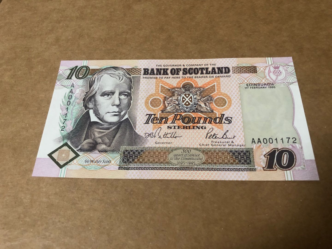 【收藏联盟】第155期拍卖——日本的释迦摩尼（共45拍） 【AA首发冠千位小号】苏格兰1995年10镑 纪念钞 全新UNC 苏格兰银行成立300周年