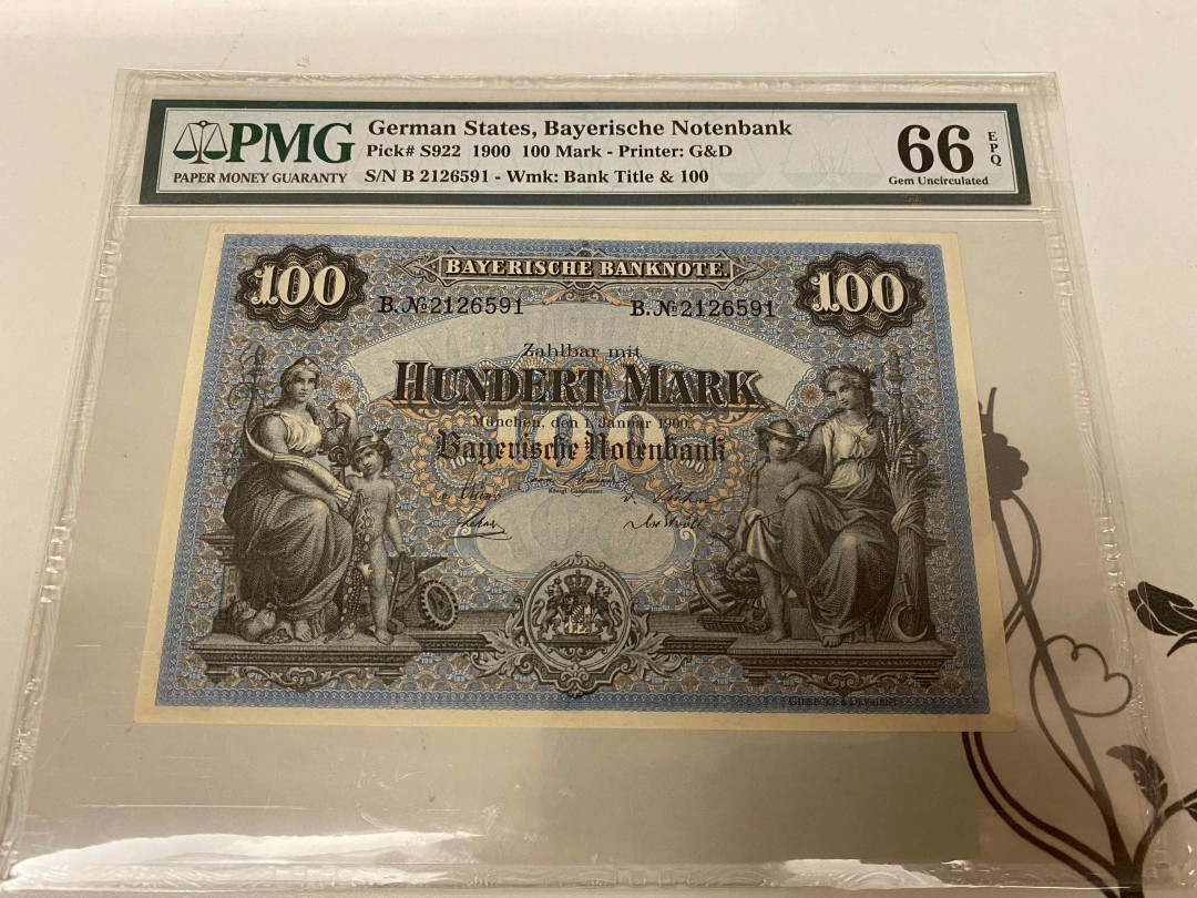 【收藏联盟】第155期拍卖——日本的释迦摩尼（共45拍） 【冠军分】德国 1900年100马克 早期捷德版本 墨丘利和女神 PMG66EPQ 精美