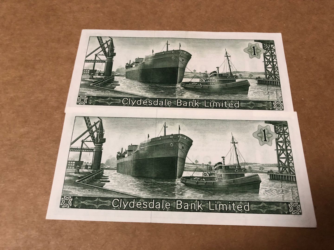 【收藏联盟】第155期拍卖——日本的释迦摩尼（共45拍） 【一组2张】苏格兰 克莱斯戴尔银行 1967年1镑 XF品相 背面大船雕刻非常精美