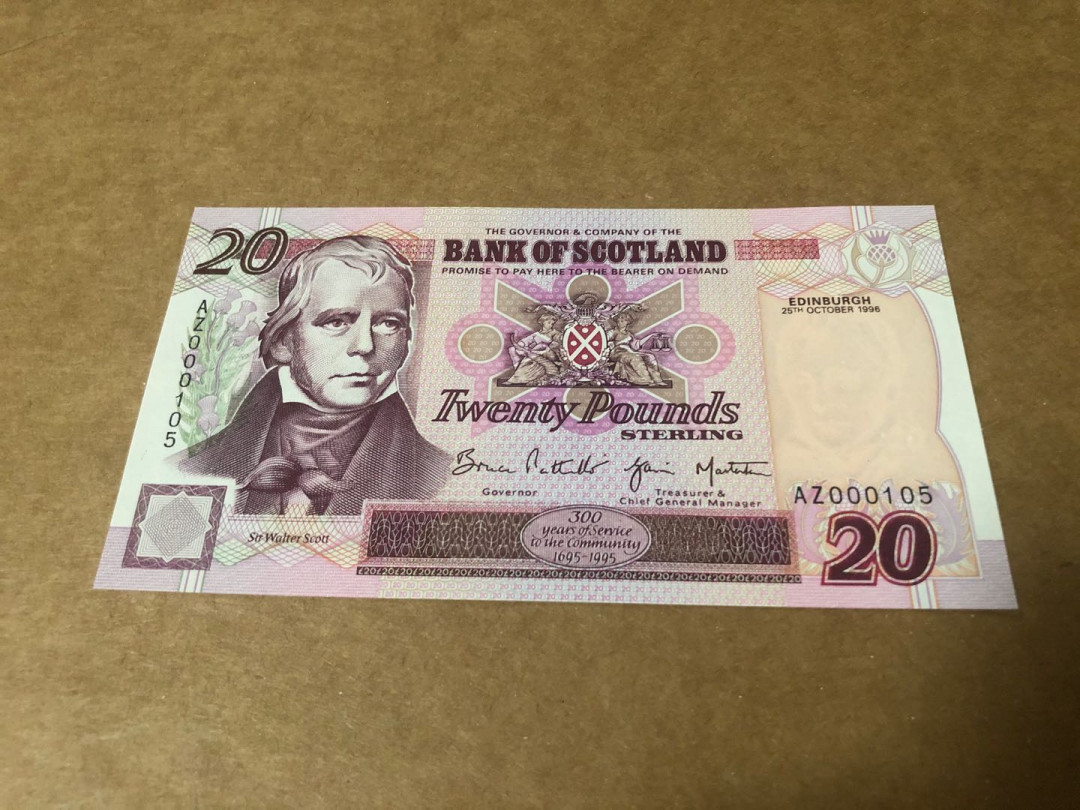 【收藏联盟】第155期拍卖——日本的释迦摩尼（共45拍） 【3位小号】苏格兰 1996年20镑 早期年份 纪念钞 全新UNC 苏格兰银行成立300周年
