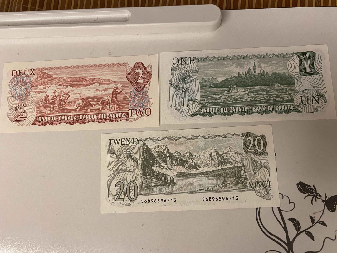 【收藏联盟】第155期拍卖——日本的释迦摩尼（共45拍） 【一组3张】加拿大 1973-79年 1-2-20元 全新UNC 女王纸币