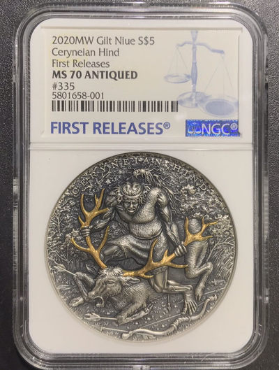 【随心拍&Getcoins】现代钱币拍卖第五十九期 纽埃2020年大力神十二伟绩3金角神鹿2盎司纪念银币NGC70首期蓝标