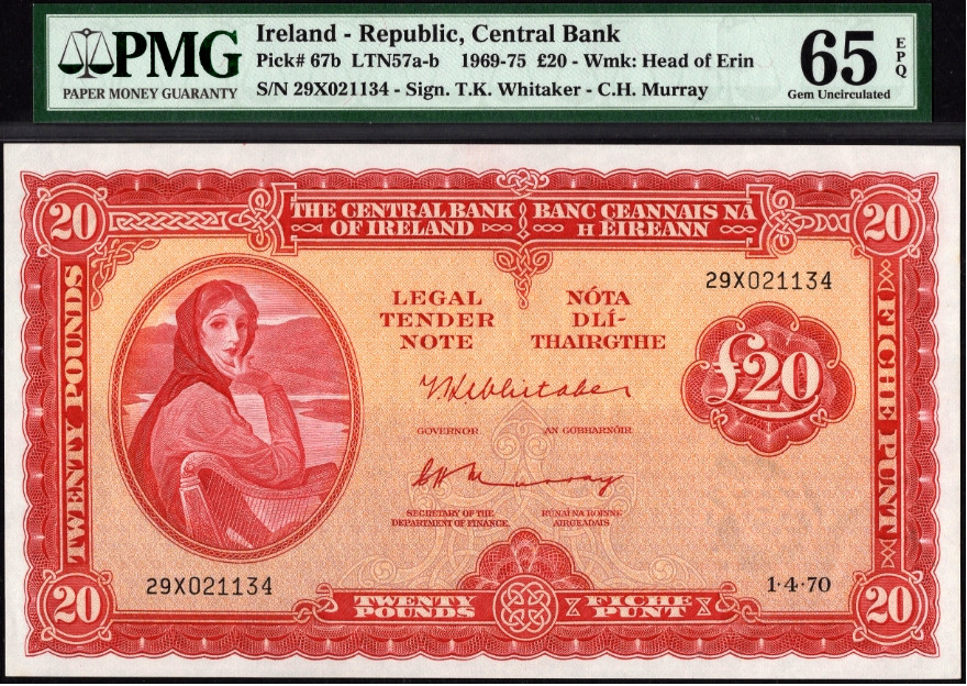 【收藏联盟】第155期拍卖——日本的释迦摩尼（共45拍） 爱尔兰 1970年20镑 p67b 早期年份 PMG65EPQ 超大票幅 经典 