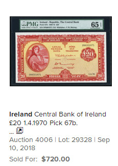 【收藏联盟】第155期拍卖——日本的释迦摩尼（共45拍） 爱尔兰 1970年20镑 p67b 早期年份 PMG65EPQ 超大票幅 经典 