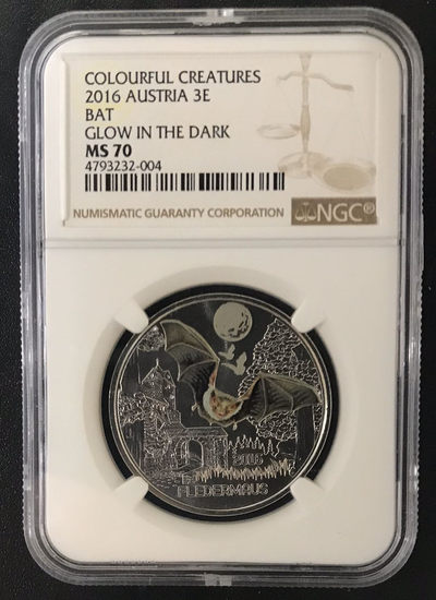 【随心拍&Getcoins】现代钱币拍卖第五十九期 奥地利2016年多彩动物夜光系列1蝙蝠荧光效果彩币NGC70