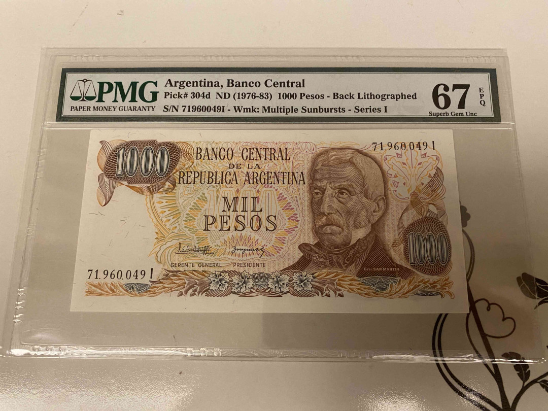 【收藏联盟】第155期拍卖——日本的释迦摩尼（共45拍） 阿根廷 1976-83年 1000比索 PMG67EPQ 