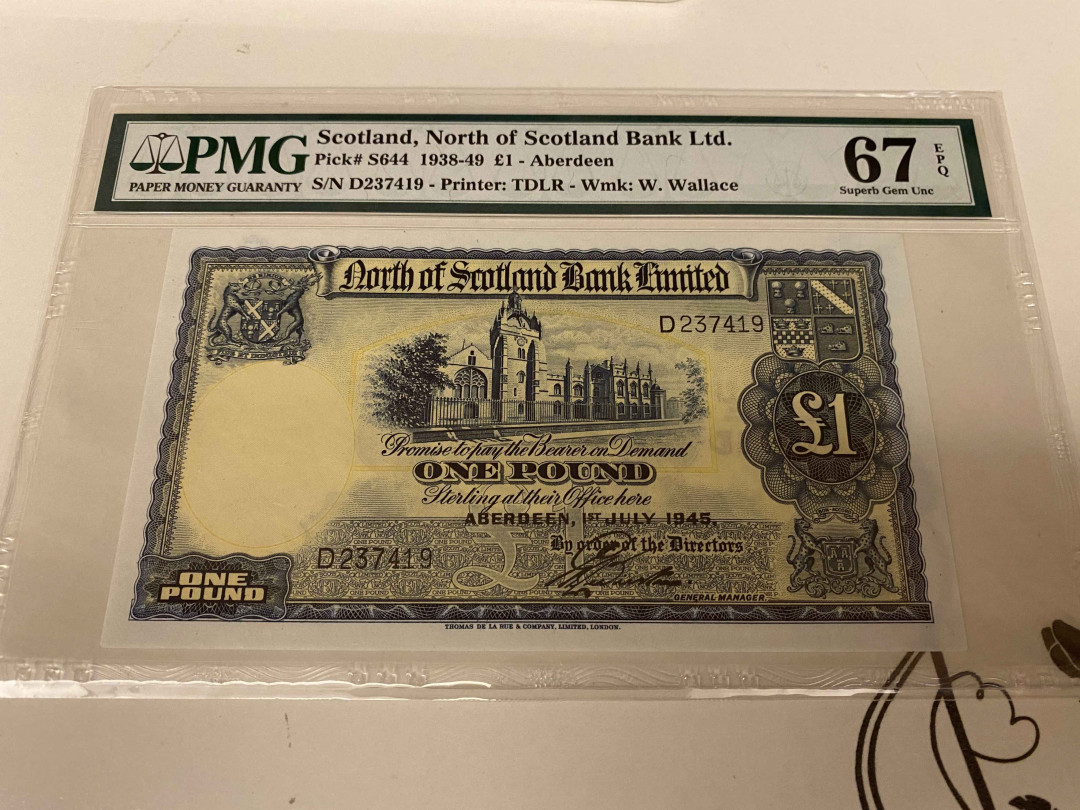 【收藏联盟】第155期拍卖——日本的释迦摩尼（共45拍） 苏格兰 北方银行 1938-49年1镑 PMG67EPQ 高分