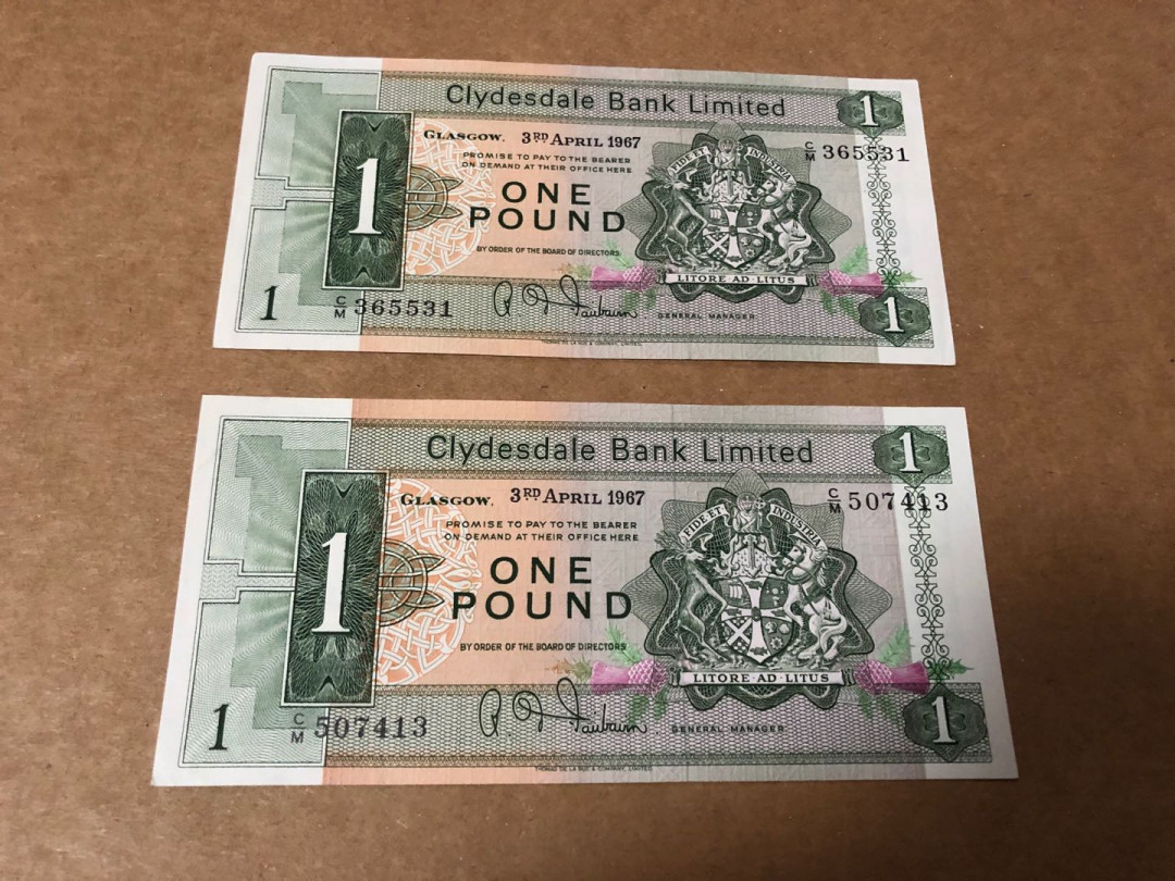 【收藏联盟】第155期拍卖——日本的释迦摩尼（共45拍） 【一组2张】苏格兰 克莱斯戴尔银行 1967年1镑 XF品相 背面大船雕刻非常精美