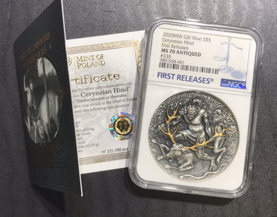 【随心拍&Getcoins】现代钱币拍卖第五十九期 纽埃2020年大力神十二伟绩3金角神鹿2盎司纪念银币NGC70首期蓝标