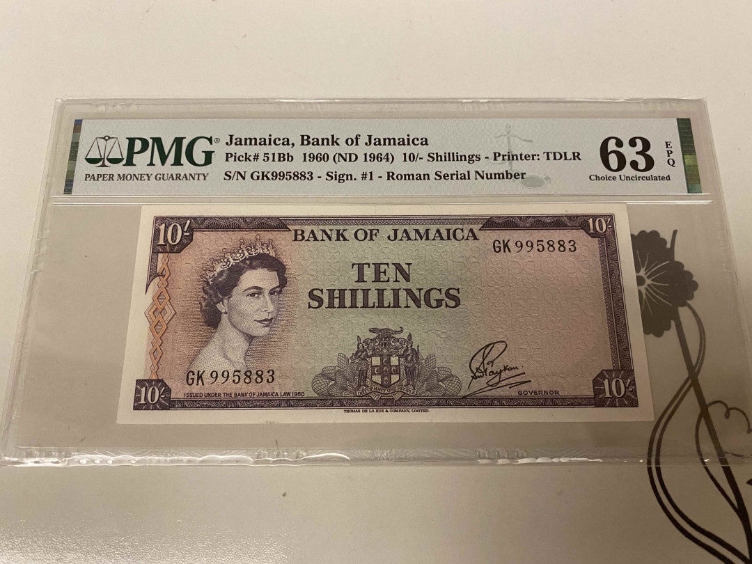 【收藏联盟】第155期拍卖——日本的释迦摩尼（共45拍） 牙买加 1964年10先令 PMG63EPQ  女王纸币 精美 