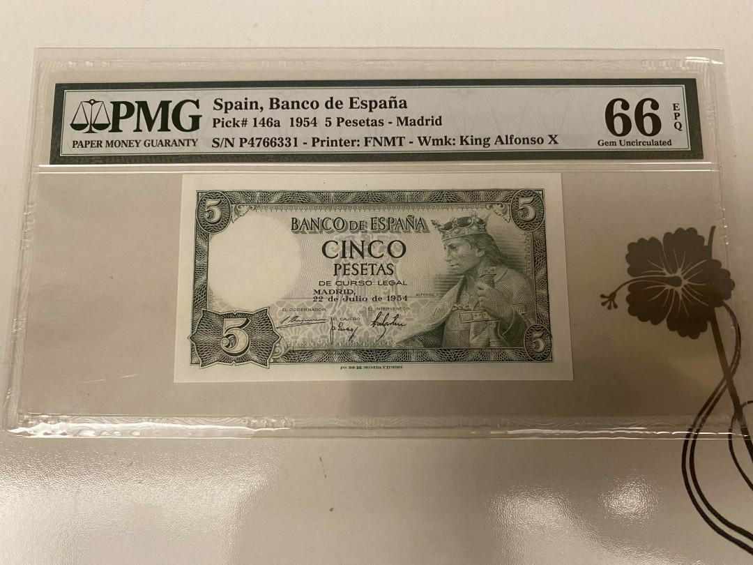 【收藏联盟】第155期拍卖——日本的释迦摩尼（共45拍） 西班牙 1954年5比塞塔 PMG66EPQ 