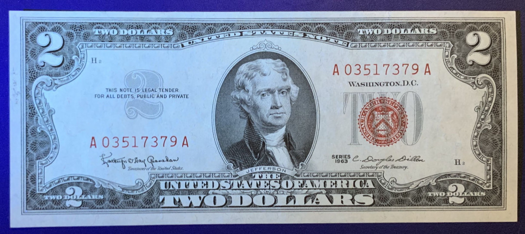 紫瑗钱币——微拍第87期—纸币场 美国 1963年 2美元 红印 UNC
