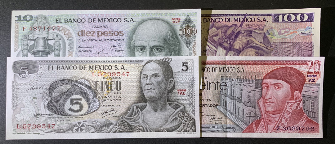 紫瑗钱币——微拍第87期—纸币场 墨西哥 70—80年代  5 10 20 100比索 4枚一套 