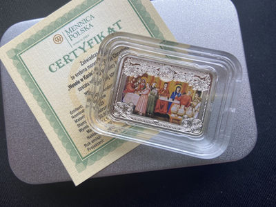 【随心拍&Getcoins】现代钱币拍卖第五十九期 安道尔2013年5第纳尔，上帝传奇系列(2) 乔托.迪.邦多内名画—《坎纳的婚礼》 彩色异形(矩形)精制银币